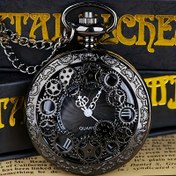 Resim Zarif Siyah Oymalı Dişli Kuvars Cep Saati Zincirli - Steampunk Esintili Tasarım, Su Geçirmez Değil, Alaşım Kasa, Yuvarlak Kadran - Noel & Sevgililer Günü için İdeal Çiftler Hediyesi 