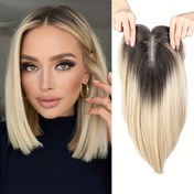 Resim 4X2.5 Dantel Saç Üstü Bangs Ombre Blonde El Yapımı Kanekalon Dantel Düz Saç Üstü Sentetik 30.48cm Katmanlı Saç Parçaları Kadınlar için 