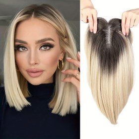 Resim 4X2.5 Dantel Saç Üstü Bangs Ombre Blonde El Yapımı Kanekalon Dantel Düz Saç Üstü Sentetik 30.48cm Katmanlı Saç Parçaları Kadınlar için 