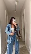Resim Mavi Pul İşleme Detaylı Denim Kimono 