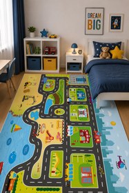 Resim NORELLAHOME NORELLA HOME Şehir Yolu Oyun Halısı Kaymaz Taban Yıkanabilir Çocuk Odası Halısı 