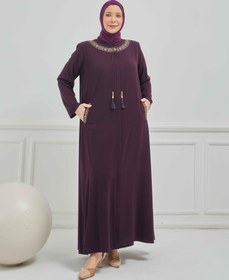 Resim Önü Ve Cebi Nakışlı Büyük Beden Ferace Mürdüm | 204168 - 46 / Mürdüm 