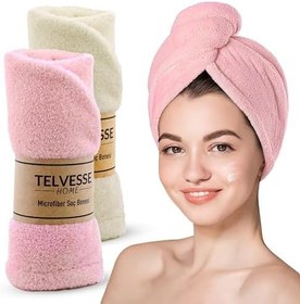 Resim Mikrofiber Saç Havlusu Süper Emici Hızlı Kuruyan Türban Saç Havlusu Şapkası - Uzun Kıvırcık Kalın Saçlar İçin Duş Saç Kurutma Havlusu, Plaj Havuz Banyo Kullanım (2li Krem + Pembe) 