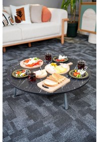 Resim Siyah Mermer Desenli Metal Katlanır Ayaklı Kamp Bahçe Ev Ve Oyun Için Yuvarlak Yer Sofrası Çok Renkli 