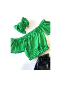 Resim Özge Başaran Kız Çocuk, Likralı Deri Fiyonk Detaylı Pantolon, Yeşil Straplez Crop Bluz Ve Saç Yeşil 