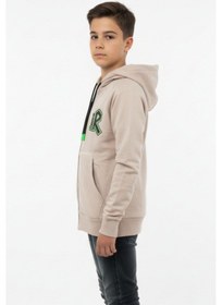 Resim Kapüşonlu Fermuarlı Yandan Cepli Baskılı %100 Pamuk 2 İplik Mevsimlik Erkek Çocuk Sweatshirt-90935 Bej 