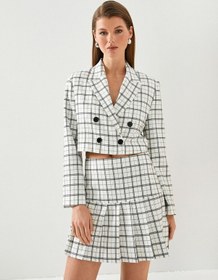 Resim Koton Crop Blazer Ceket Kruvaze Kapama Düğmeli Ekru Ekose 4sak50058uw Ekru 