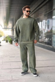 Resim Madmext Haki Bisiklet Yaka Batik Desenli Erkek Sweatshirt Pantolon Takım E7344 Haki 