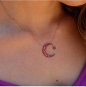 Resim Ay Yıldız Mor Taşlı 925 Ayar Gümüş Kolye-2133 