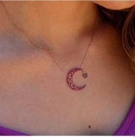 Resim Ay Yıldız Mor Taşlı 925 Ayar Gümüş Kolye-2133 