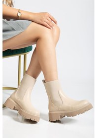 Resim K-815 Bej Lastikli Yüksek Tabanlı Günlük Kadın Bot Acı Kahverengi 