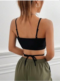 Resim Liona Yuvarlak Yaka Askılı Çapraz Bağcıklı Siyah Renk Fitilli Crop Top Büstiyer 