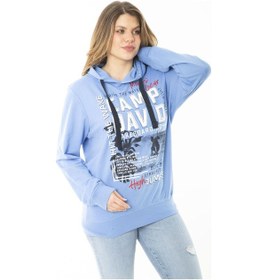 Resim Kadın Büyük Beden Kırmızı İki İplik Ön Baskılı Kapşonlu Sweatshirt 65n37161-mavi Mavi 