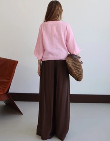 Resim Lusin Kadın Pembe Etnik Nakış İşlemeli Cep Detaylı Düğmeli Yazlık Bohem Müslin Gömlek Kimono 