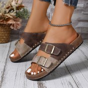 Resim Kadınlar için Retro Geometrik Metal Tokalı Düz Sandaletler - Ayarlanabilir Arka Kayışlı Yumuşak Sahte Kaplama Açık Burun Yazlık Plaj Ayakkabıları, Rahat Dış Mekan Terlikleri, Bağcıklı Sandaletler, Dekoratif Çivili Ayakkabılar, Dayanıklı Kauçuk Tabanlı 
