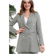 Resim Kadın Kruvaze Uzun Blazer Ceket Ekoseli Blazer Ceket Gri Gri 