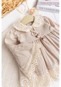 Resim Dantel Detaylı Dokuma Kumaş Bej Kız Bebek Elbise Şık Özelgün Elbise Bej 