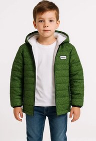 Resim Erkek Çocuk Yeşil Desenli Mont İçi Sıcak Tutucu Pelüş Astarlı, Kapüşonlu Fermuarlı Su İtici Kışlık Şişme Mont- Haki - Haki / 8-9 Yaş 