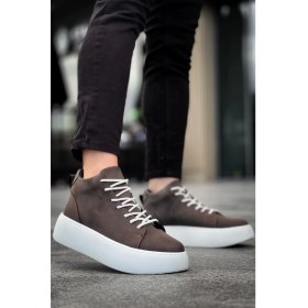 Resim Shoecide LE10 Bağcıklı Erkek Yüksek Beyaz Taban Kahverengi Spor Bot 