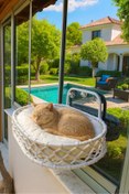 Resim Tasaryum Kedi ve Köpek El Örgüsü Vantuzlu Cam Yatağı İskandinav Kedi Hamağı Beyaz 