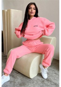 Resim Eşofman Takımı Sweatshirt Jogger - Pembe Baskılı Oversize Şardonlu Kapüşonlu Pembe-273274 