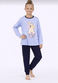Resim Kız Çocuk Baskılı Uzun Kollu Pijama Takımı Sevimli Ev Giyimi-8408- Mavı 