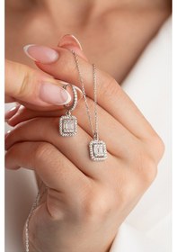 Resim Çekirdekjewelry 925 Ayar Gümüş Baget Taşlı Kolye Küpe Seti Gri 
