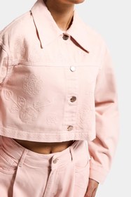 Resim Kadın Pudra Renk 6s6-20 Crop Fit Çiçek Nakış Desenli Özel Tasarım Denim Ceket - Pudra / L 