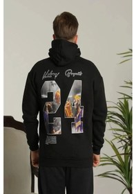 Resim Erkek Baskılı Oversize Üç İplik Kapüşonlu Sweatshirt - Siyah Siyah 