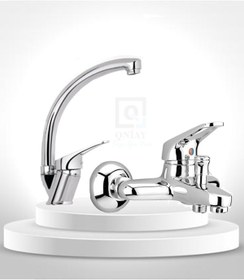 Resim QNİAY 2’li Mix Kuğu Set Mix Banyo - Lavabo - Musluğu Çeşmesi Bataryası Çift Su Girişli Aç Kapa Set 