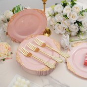 Resim 20/40 Parça Pembe Altın Kenarlı Sofra Takımı, Vintage Yemek Çatalı ile Zarif Pembe Tatlı Tabakları, Partiler, Ev, Düğünler, Sevgililer Günü için Uygun, Cadılar Bayramı, Noel Etkinliği ve Parti Malzemeleri Cadılar Bayramı&Noel için 10/20 Kişiye Uyar 
