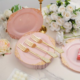 Resim 20/40 Parça Pembe Altın Kenarlı Sofra Takımı, Vintage Yemek Çatalı ile Zarif Pembe Tatlı Tabakları, Partiler, Ev, Düğünler, Sevgililer Günü için Uygun, Cadılar Bayramı, Noel Etkinliği ve Parti Malzemeleri Cadılar Bayramı&Noel için 10/20 Kişiye Uyar 