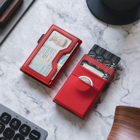 Resim EDC Bölmeli ve Kimlik Pencereli Kredi Kartı Cüzdanı, İnce Metal Gövde, Pop-Up Kart Mekanizması - Kırmızı 