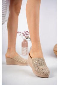 Resim EPAAVM - Dolgu Taban Ekose Örgü Önü Kapalı Taşlı Ten Terlik Ten 