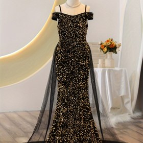 Resim Kızlar için muhteşem payetli balık etek elbise, omuzdan askılı, yere kadar uzanan vücuda oturan elbise, performans, mezuniyet balosu, düğün, akşam, doğum günü partisi ve özel günler için elbise 