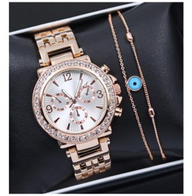 Resim Rose Renk Taşlı Kadın Kol Saati & Rose Renk Nazar Boncuğu Bilekli (535616212) 