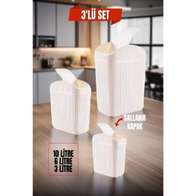 Resim 3'lü Krem Çöp Kutusu Seti, Mutfak, Banyo, Ofis Için Şık ve Kullanışlı Seçenek 
