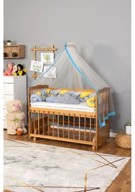Resim Ahşap Beşik Anne Yanı Beşik Vernikli 60x120 - Mavi Sarı Örgü Uyku Seti Seti + Yatak Ahşap 