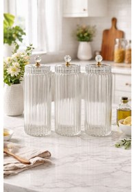 Resim Qerhome 3'lü Borosilikat Cam Optik Çizgili Kristal Gold Kapaklı Kavanoz Seti 1500 Ml Şeffaf 
