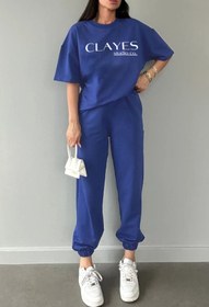 Resim CLAYES Studio Co Baskılı Saks Mavi T-shirt Eşofman Altı Takım - Oversize bisiklet yaka 