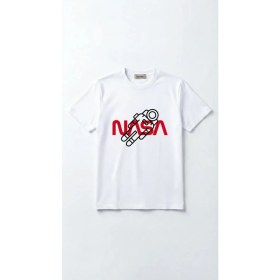 Resim Hoxie Unisex Düz Renk Nasa Dijital Baskılı Bisiklet Yaka Basic Tişört 
