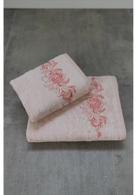 Resim Nakışlı Bambu Banyo Havlu Takımı Pudra 