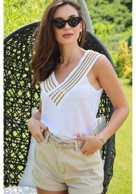 Resim Aqe Fashion Kolsuz Ön Arka V Yaka Sim Detaylı Beyaz-altın BEYAZ 