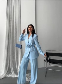 Resim buqre's moda Kadın İkili Blazer Ceket Pantolon Takım Aksesuar Gül ve Düğme Detaylı Bol Paça 