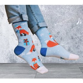 Resim Yılbaşı Noel Desenli Mavi Unisex Çorap Çok Renkli 