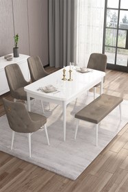 Resim Canisa Concept Are Serisi 80x132 Mdf Açılabilir Benchli Beyaz Mutfak Masa Takımı 4 Cappucino Sandalye 1 Bench 