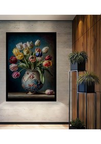 Resim Büyülü Vazo Lale Yağlıboya Görünümlü Ahşap Ev,antre, Ofis,Mutfak,Yatak Odası Tablo Çerçeve Görünümlü-2-8670 - 30 X 40 