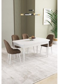 Resim Ikon Beyaz 80x132 Mdf Açılabilir Yemek Masası Takımı 4 Adet Sandalye Kahverengi 