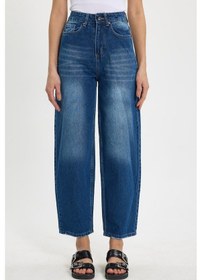 Resim Tudors Kadın Relax Fit Rahat Kesim %100 Pamuk Cepli Geniş Paça Lacivert Jean Kot Pantolon-50730 