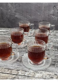 Resim 6 Kişilik 12 Parça Cam Çay Takımı Çay Bardağı Ve Tabak Seti 